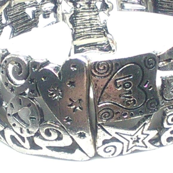 Silver-tone Inspiration Stretch Bracelet Cutouts Crystals Wish Love Peace Bless - Picture 4 of 6